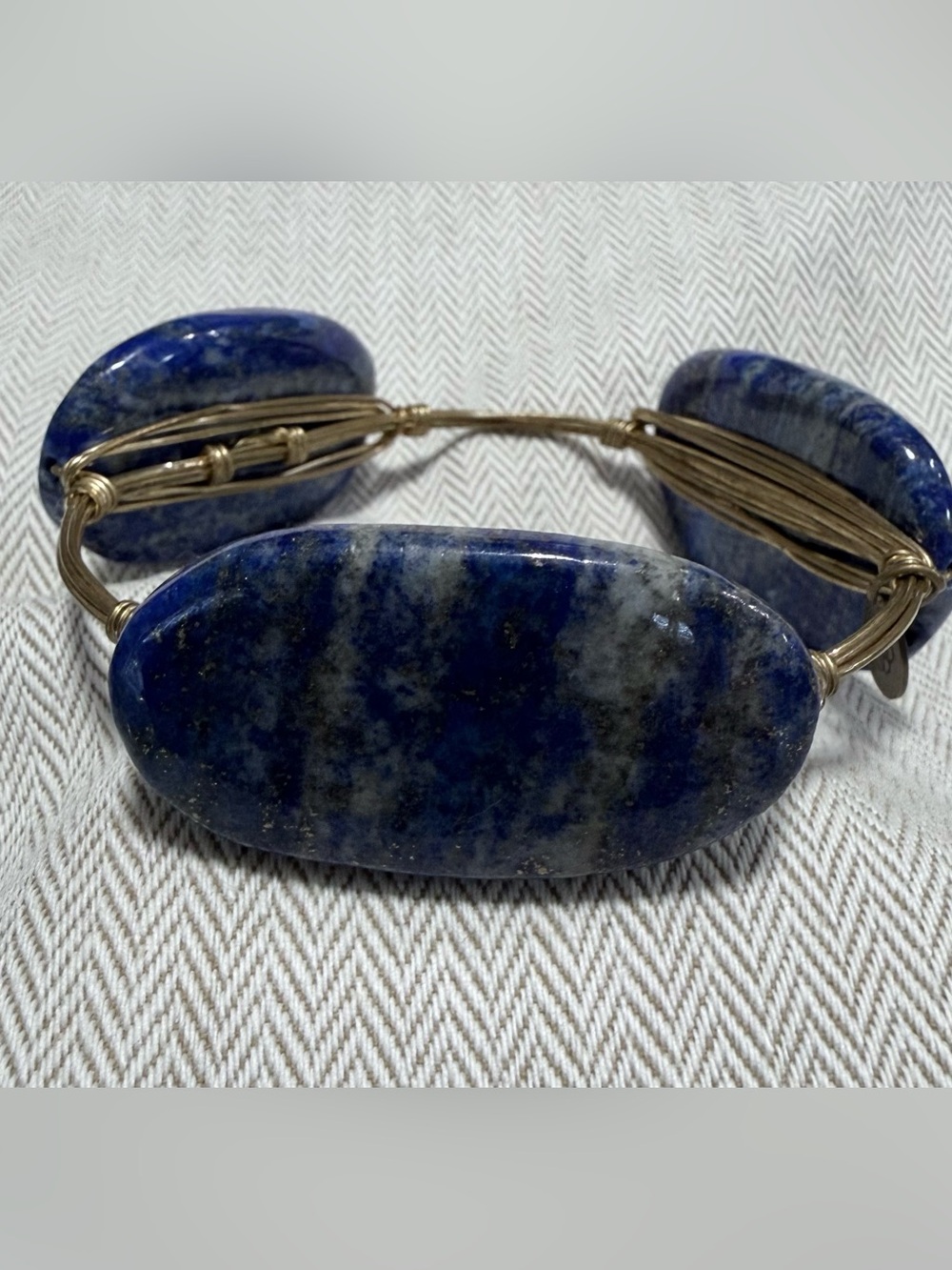 Bourbon & Bowties Gold Wire Cuff Bracelet with Deep Blue Stone Accents